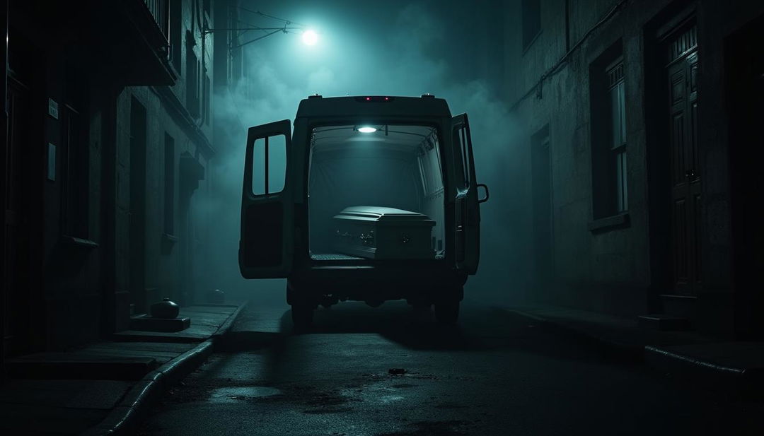 A tense and scary night scene featuring an ambulance parked ominously in a dark alley