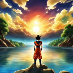 A high-quality digital art image that combines a serene landscape with the vibrant and dynamic art style of Dragonball Super