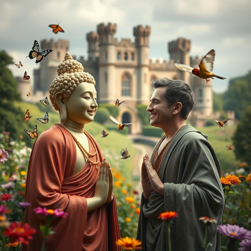 In a distant future, portrayed as a surrealist dream, a gay male French bodhisattva approaches a gay male English bodhisattva in the enchanting Sissinghurst Castle Gardens