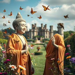 In a distant future, portrayed as a surrealist dream, a gay male French bodhisattva approaches a gay male English bodhisattva in the enchanting Sissinghurst Castle Gardens