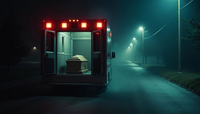 A tense and scary night scene featuring an ambulance parked on a dark, deserted street