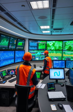 An advanced monitoring system for health, safety, and environmental management, featuring high-tech screens displaying real-time data analytics, graphs illustrating air quality, temperature, and noise levels, a sleek control center with professionals wearing safety gear, various digital devices capturing environmental metrics, and a green, eco-friendly backdrop
