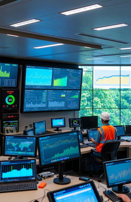 An advanced monitoring system for health, safety, and environmental management, featuring high-tech screens displaying real-time data analytics, graphs illustrating air quality, temperature, and noise levels, a sleek control center with professionals wearing safety gear, various digital devices capturing environmental metrics, and a green, eco-friendly backdrop