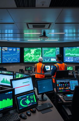An advanced monitoring system for health, safety, and environmental management, featuring high-tech screens displaying real-time data analytics, graphs illustrating air quality, temperature, and noise levels, a sleek control center with professionals wearing safety gear, various digital devices capturing environmental metrics, and a green, eco-friendly backdrop