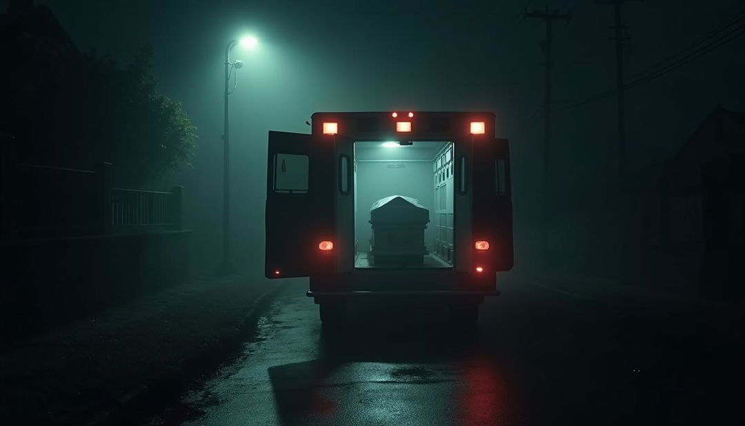 A tense and scary night scene showcasing an ambulance parked ominously on a secluded street