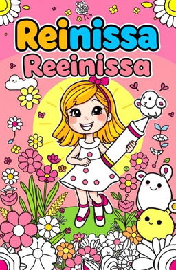 A vibrant and playful coloring book cover featuring the cartoon character Reiniissa, surrounded by cheerful and whimsical elements like colorful flowers, friendly animals, and a bright sunny background