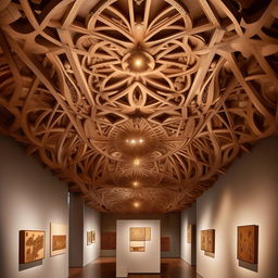 Design an exhibition area in an art museum, filled with stunning display objects and artifacts. It's crowned with a traditional wooden ceiling, showcasing intricate designs and old-world charm.