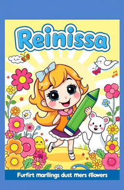 A vibrant and playful coloring book cover featuring the cartoon character Reiniissa, surrounded by cheerful and whimsical elements like colorful flowers, friendly animals, and a bright sunny background