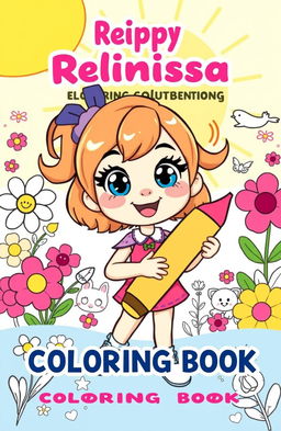 A vibrant and playful coloring book cover featuring the cartoon character Reiniissa, surrounded by cheerful and whimsical elements like colorful flowers, friendly animals, and a bright sunny background