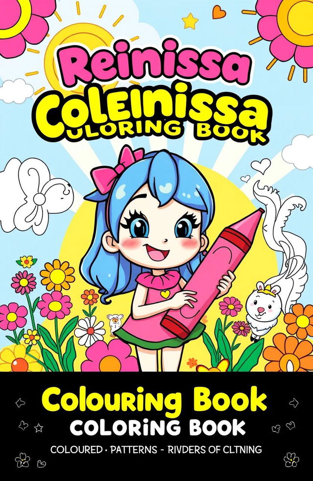 A vibrant and playful coloring book cover featuring the cartoon character Reiniissa, surrounded by cheerful and whimsical elements like colorful flowers, friendly animals, and a bright sunny background