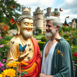In the distant future, depicted as a fuzzy dream, a gay male French bodhisattva approaches a gay male English bodhisattva in the picturesque Sissinghurst Castle Gardens