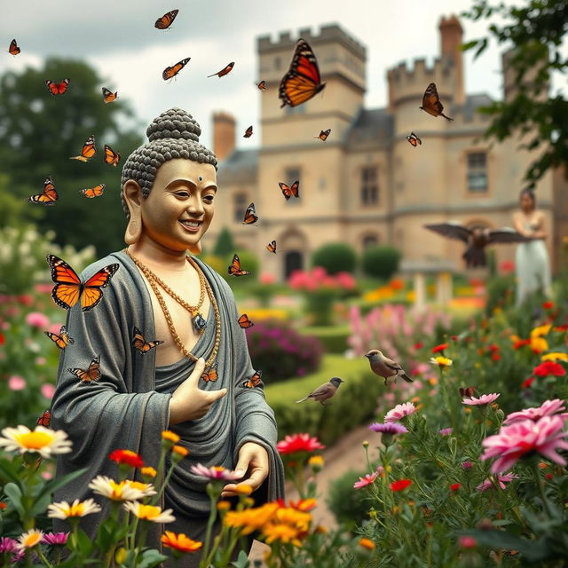 In the distant future, depicted as a fuzzy dream, a gay male French bodhisattva approaches a gay male English bodhisattva in the picturesque Sissinghurst Castle Gardens