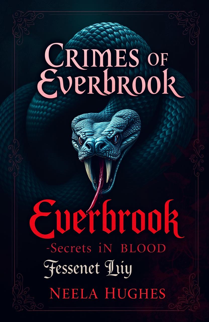 A dark book cover design for 'Crimes of Everbrook: Secrets in Blood' by Neela Hughes