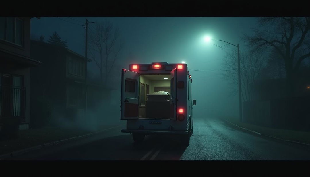 A tense and scary night scene depicting an ambulance parked ominously on a deserted street