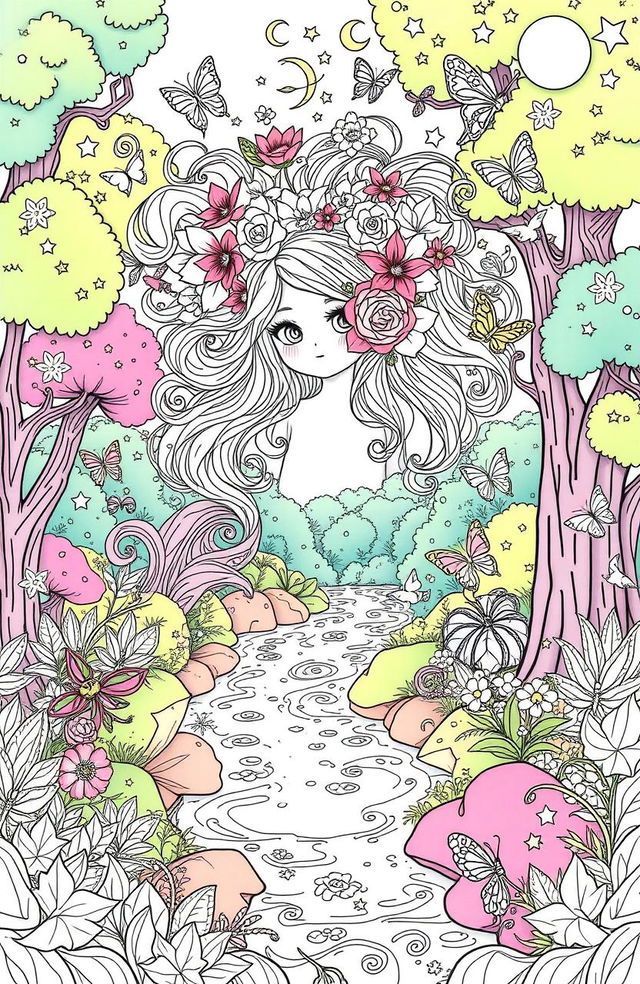 A whimsical and enchanting coloring book page featuring a character inspired by Reiniissa Syifa Airin in a fantasy setting