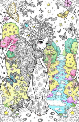 A whimsical and enchanting coloring book page featuring a character inspired by Reiniissa Syifa Airin in a fantasy setting