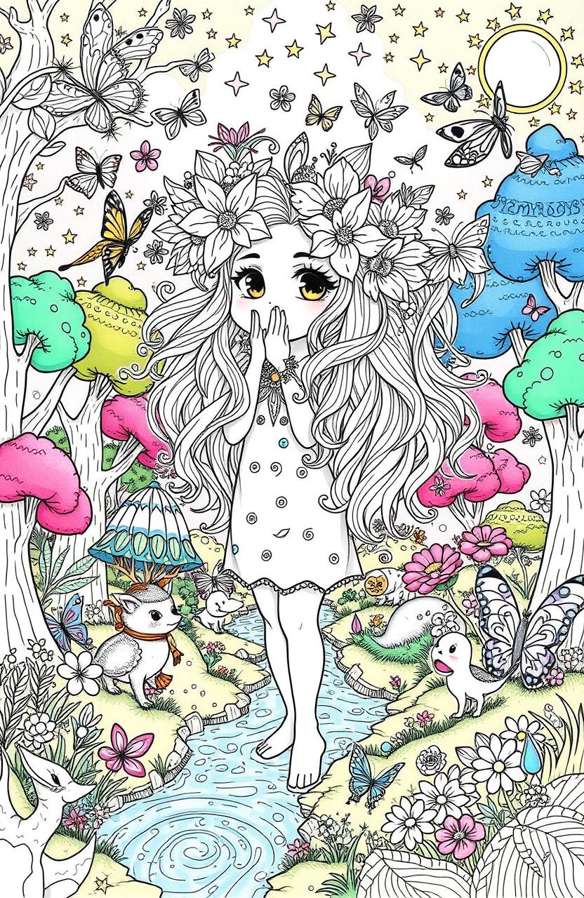 A whimsical and enchanting coloring book page featuring a character inspired by Reiniissa Syifa Airin in a fantasy setting