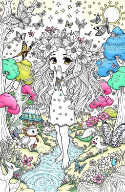 A whimsical and enchanting coloring book page featuring a character inspired by Reiniissa Syifa Airin in a fantasy setting