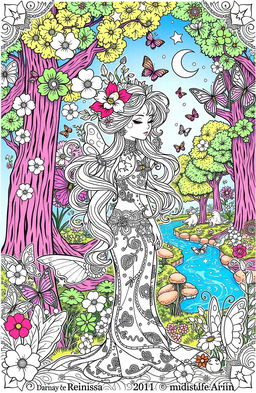A whimsical and enchanting coloring book page featuring a character inspired by Reiniissa Syifa Airin in a fantasy setting