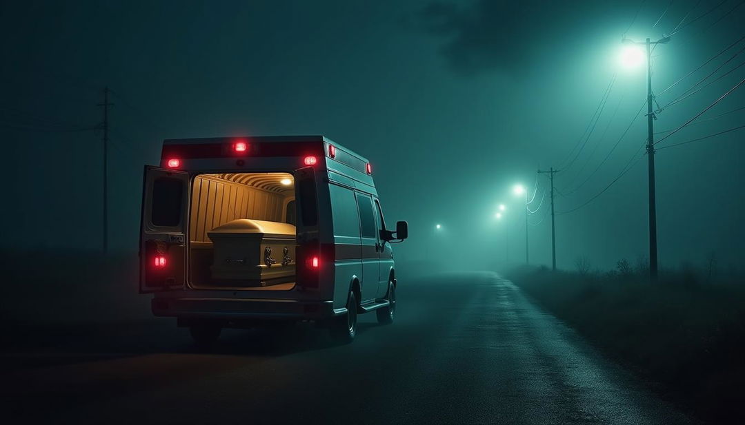 A tense and scary night scene showcasing an ambulance parked in an isolated area