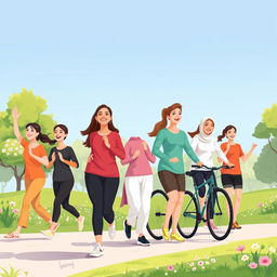 An illustration depicting physical health with individuals dressed in modest clothing