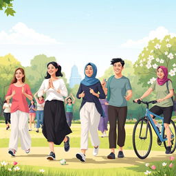 An illustration depicting physical health with individuals dressed in modest clothing