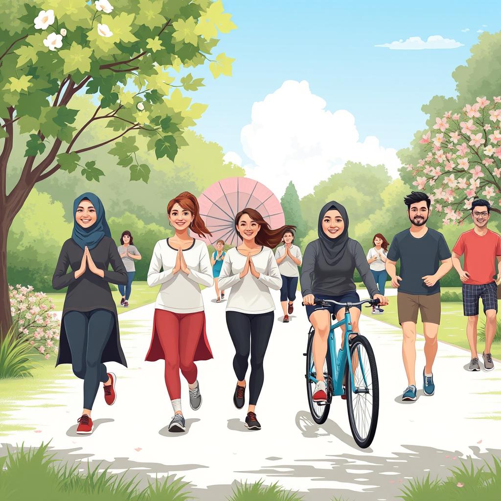 An illustration depicting physical health with individuals dressed in modest clothing