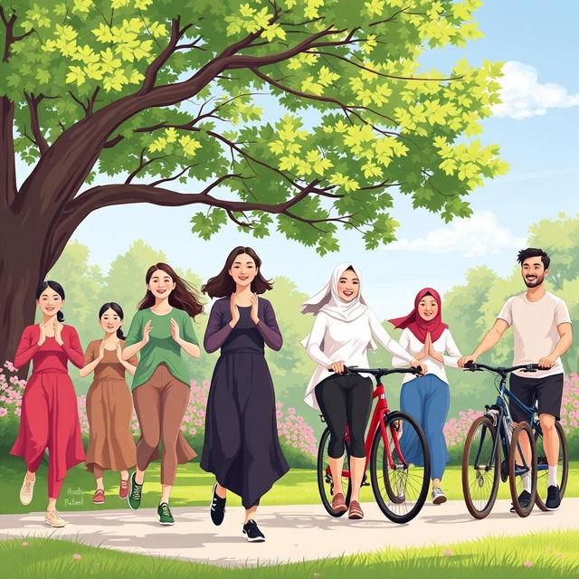 An illustration depicting physical health with individuals dressed in modest clothing