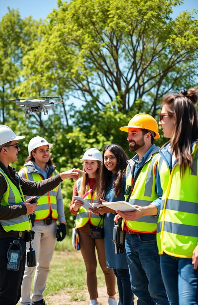 A lively and engaging scene depicting a team of professionals conducting safety, health, and environmental monitoring at a vibrant outdoor facility