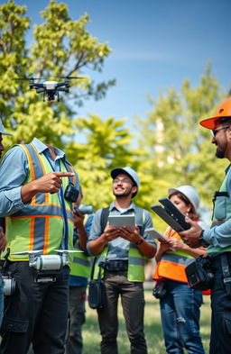 A lively and engaging scene depicting a team of professionals conducting safety, health, and environmental monitoring at a vibrant outdoor facility