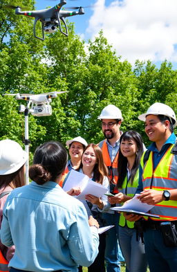A lively and engaging scene depicting a team of professionals conducting safety, health, and environmental monitoring at a vibrant outdoor facility