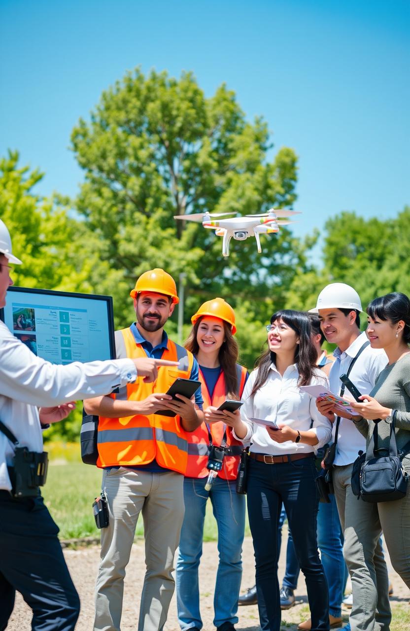 A lively and engaging scene depicting a team of professionals conducting safety, health, and environmental monitoring at a vibrant outdoor facility