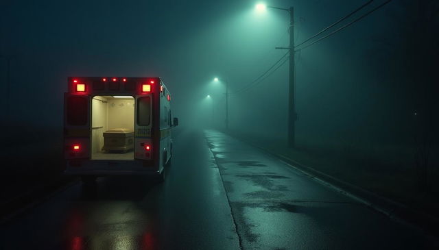 A tense and scary night scene featuring an ambulance parked under a dim streetlight