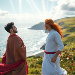 A gay male French bodhisattva with short black hair approaches a gay male English bodhisattva with long red hair in the picturesque countryside of Wales, near the ocean