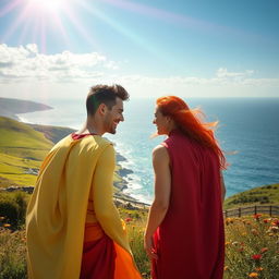 A gay male French bodhisattva with short black hair approaches a gay male English bodhisattva with long red hair in the picturesque countryside of Wales, near the ocean