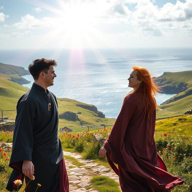 A gay male French bodhisattva with short black hair approaches a gay male English bodhisattva with long red hair in the picturesque countryside of Wales, near the ocean