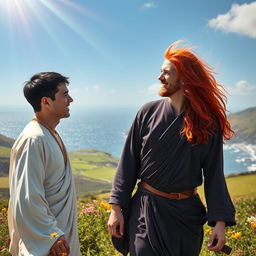 A gay male French bodhisattva with short black hair approaches a gay male English bodhisattva with long red hair in the picturesque countryside of Wales, near the ocean