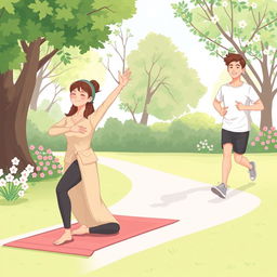 An illustration depicting physical health featuring two individuals dressed in modest clothing