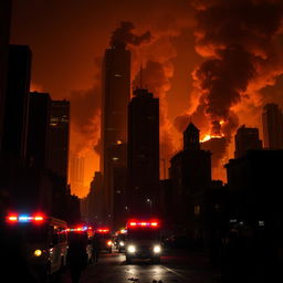 A striking image of a city engulfed in darkness, illuminated by the intense glow of raging fires