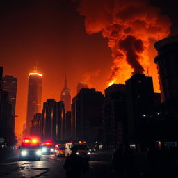 A striking image of a city engulfed in darkness, illuminated by the intense glow of raging fires