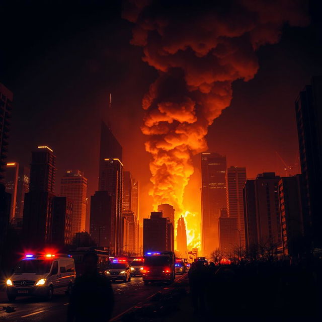 A striking image of a city engulfed in darkness, illuminated by the intense glow of raging fires