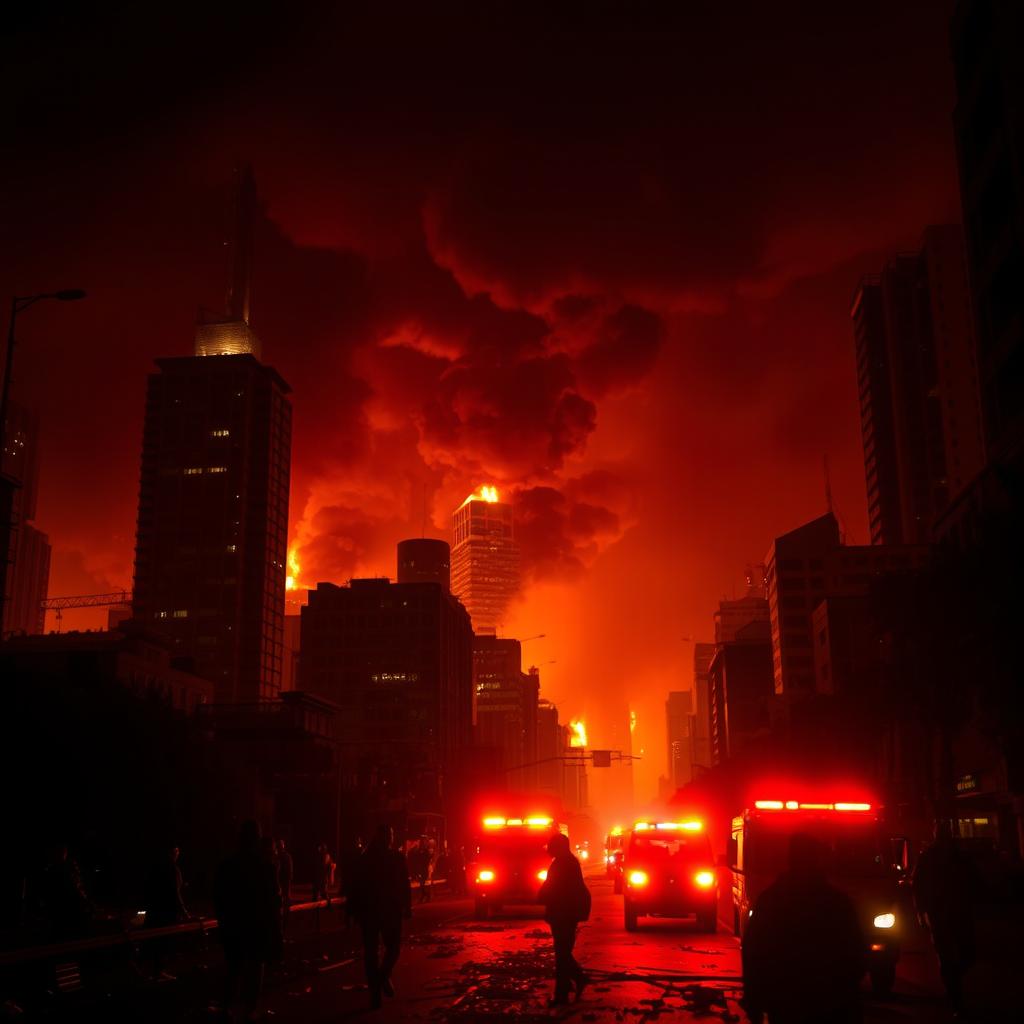 A striking image of a city engulfed in darkness, illuminated by the intense glow of raging fires