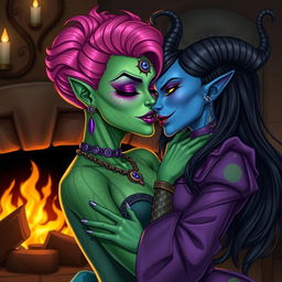 An illustration of a Yuan-ti woman with vibrant green scaly skin, bright pink hair styled elegantly, and bold purple lipstick, featuring a mystical third eye on her forehead