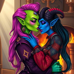 An illustration of a Yuan-ti woman with vibrant green scaly skin, bright pink hair styled elegantly, and bold purple lipstick, featuring a mystical third eye on her forehead