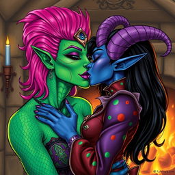 An illustration of a Yuan-ti woman with vibrant green scaly skin, bright pink hair styled elegantly, and bold purple lipstick, featuring a mystical third eye on her forehead