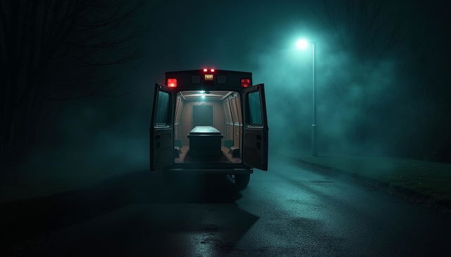 A tense and scary night scene showing an ambulance parked in a dark, unsettling environment