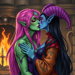 An illustration of a Yuan-ti woman with green scaly skin, long bright pink hair, and purple lipstick