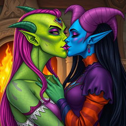 An illustration of a Yuan-ti woman with green scaly skin, long bright pink hair, and purple lipstick