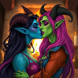 An illustration of a Yuan-ti woman with green scaly skin, long bright pink hair, and purple lipstick