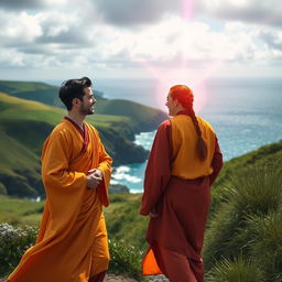 A gay male French bodhisattva with short black hair approaches a gay male Danish bodhisattva with long braided red hair in the idyllic countryside of Ireland, near the ocean